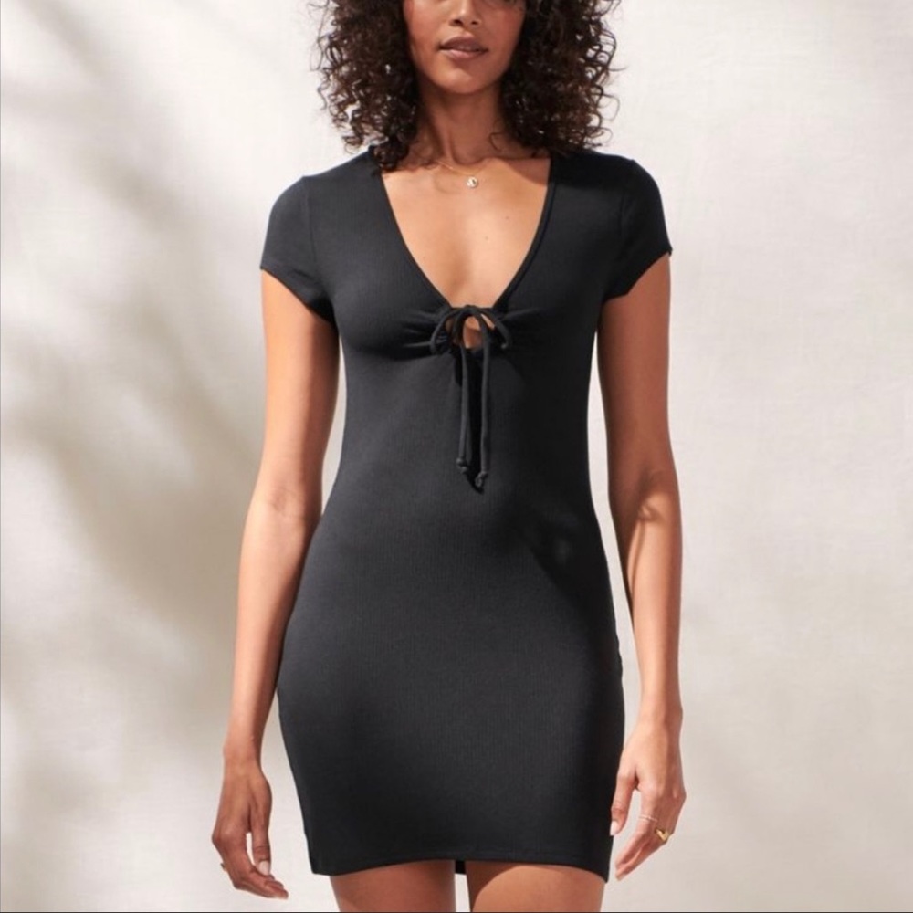 Abercrombie & Fitch Tie-front Cutout Black Ribbed Mini Dress